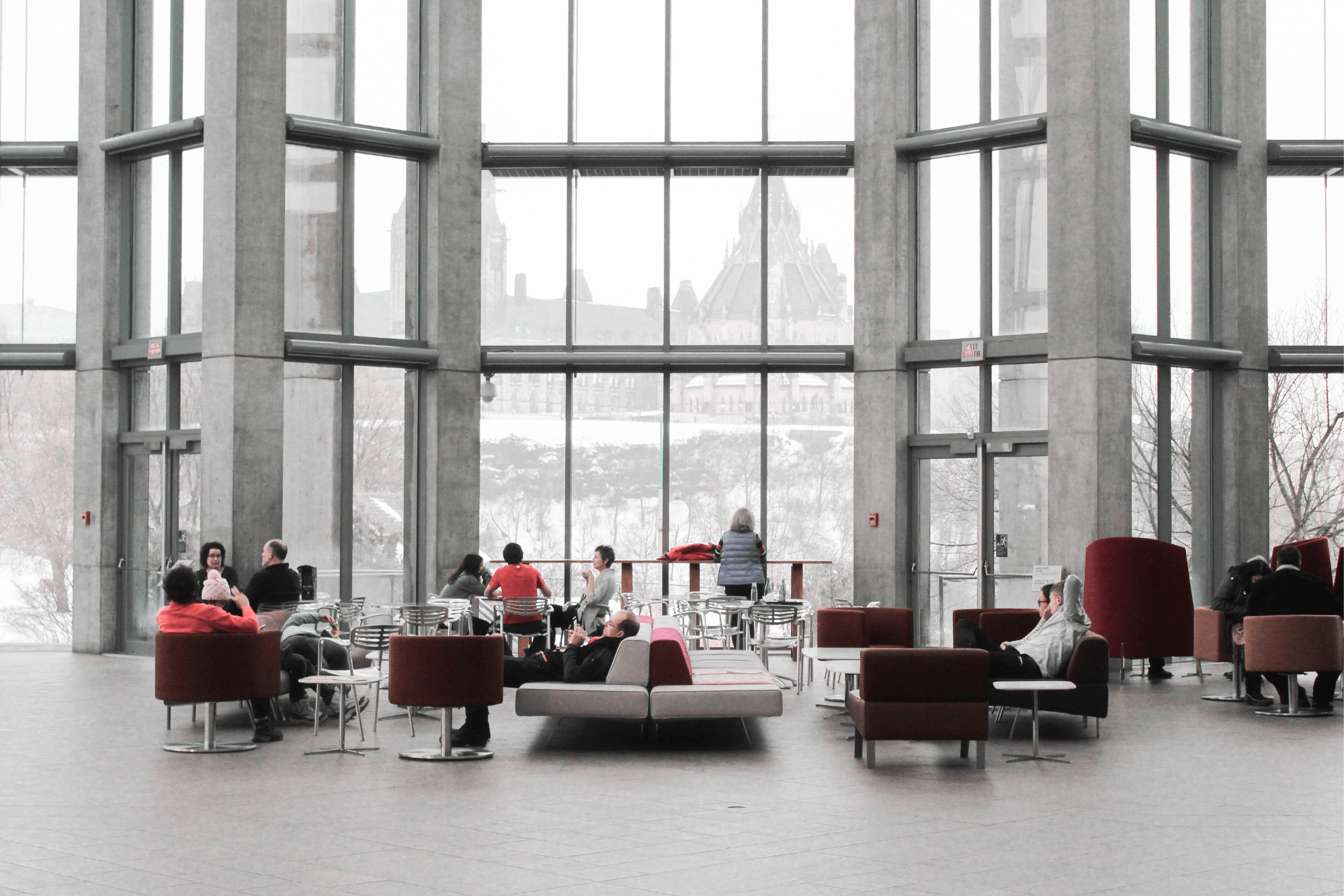 People working in a hybrid office