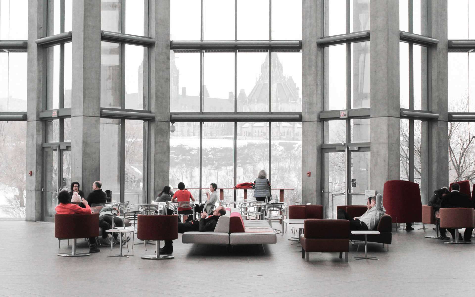 People working in a hybrid office